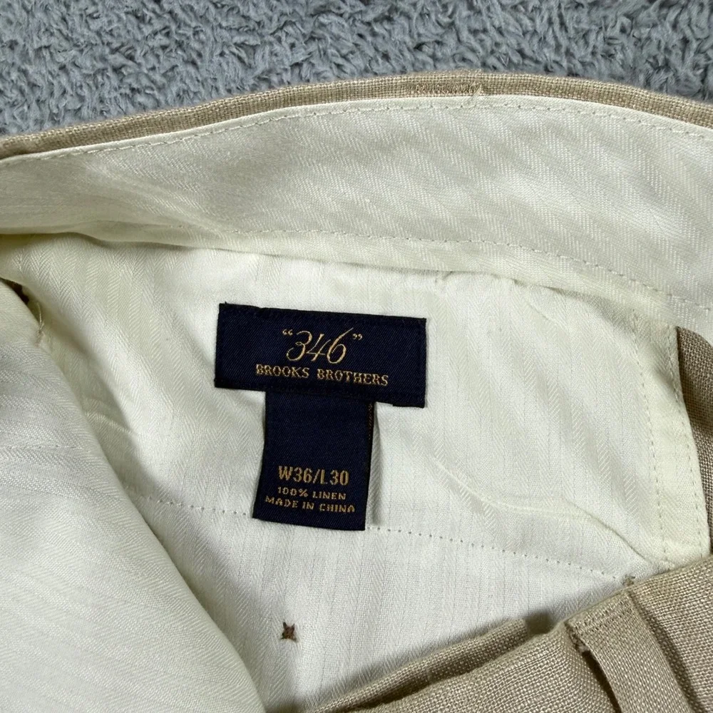 Brooks Brothers Dress Pants Mens 36x30 Beige 100% Linen Flat Front 346 Trousers